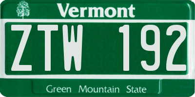 VT license plate ZTW192