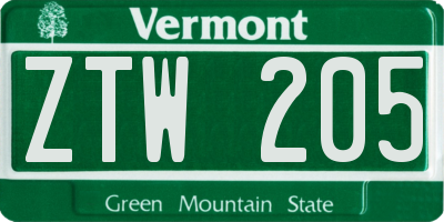 VT license plate ZTW205