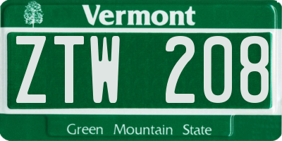 VT license plate ZTW208