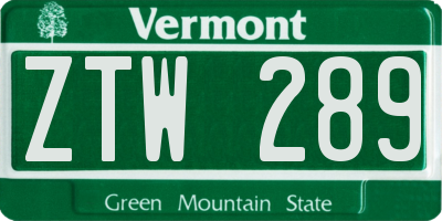 VT license plate ZTW289