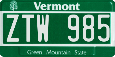 VT license plate ZTW985
