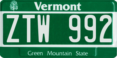 VT license plate ZTW992