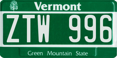 VT license plate ZTW996