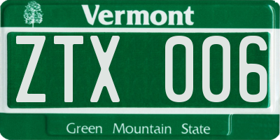 VT license plate ZTX006