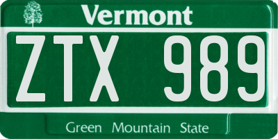 VT license plate ZTX989