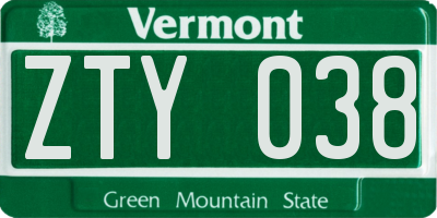 VT license plate ZTY038