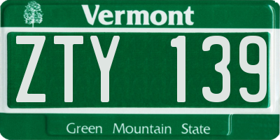 VT license plate ZTY139