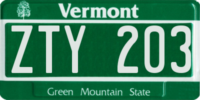 VT license plate ZTY203