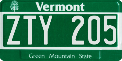 VT license plate ZTY205