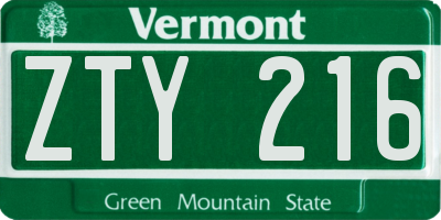 VT license plate ZTY216