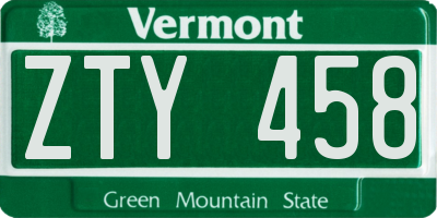 VT license plate ZTY458