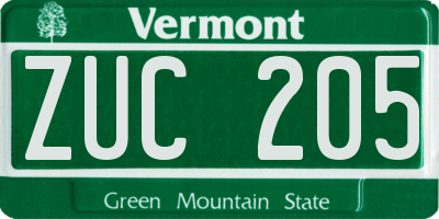 VT license plate ZUC205
