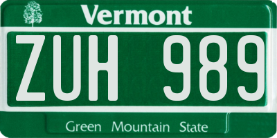 VT license plate ZUH989