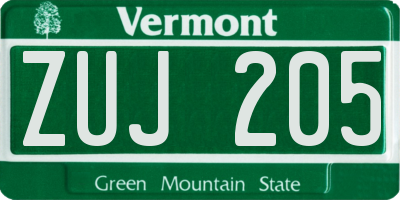VT license plate ZUJ205