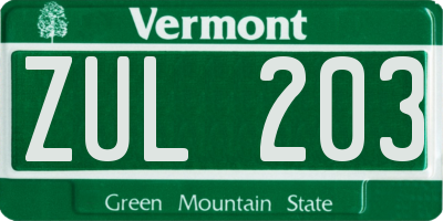 VT license plate ZUL203