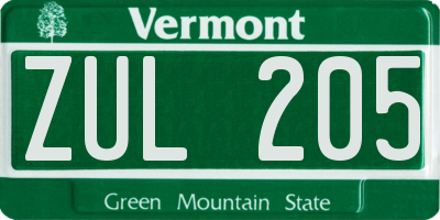 VT license plate ZUL205
