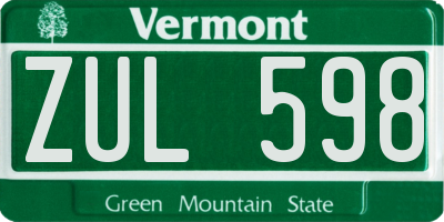 VT license plate ZUL598