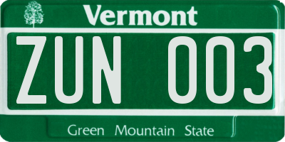 VT license plate ZUN003