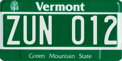 VT license plate ZUN012