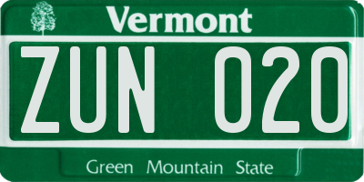 VT license plate ZUN020