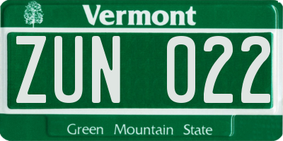 VT license plate ZUN022