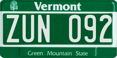 VT license plate ZUN092