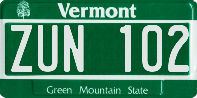 VT license plate ZUN102
