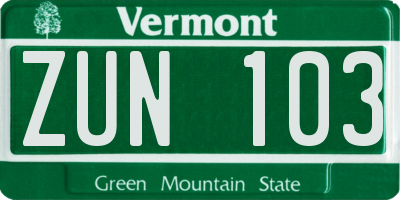 VT license plate ZUN103