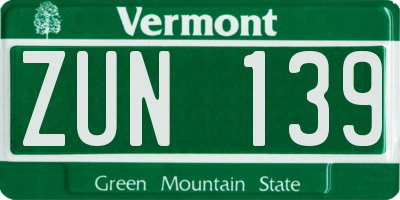 VT license plate ZUN139