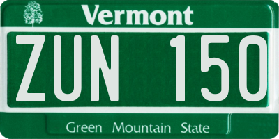 VT license plate ZUN150