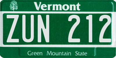 VT license plate ZUN212