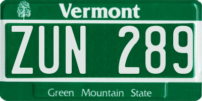 VT license plate ZUN289