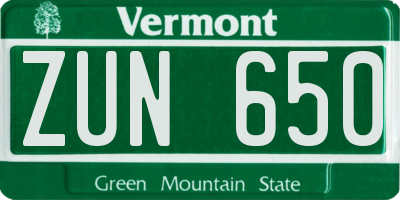 VT license plate ZUN650