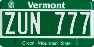 VT license plate ZUN777