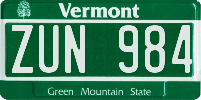 VT license plate ZUN984