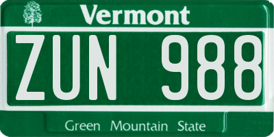VT license plate ZUN988