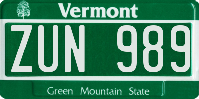 VT license plate ZUN989