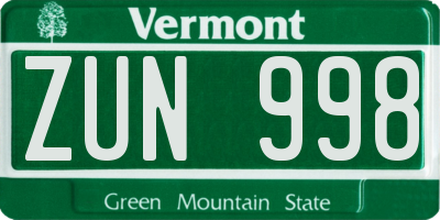 VT license plate ZUN998
