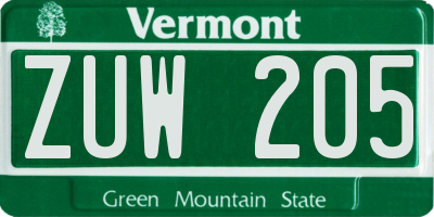 VT license plate ZUW205