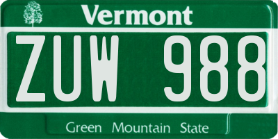 VT license plate ZUW988