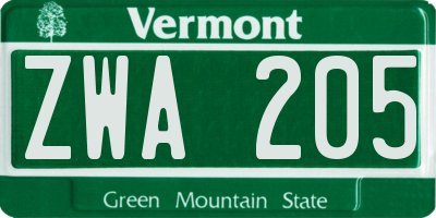 VT license plate ZWA205