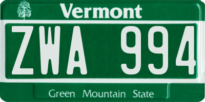 VT license plate ZWA994