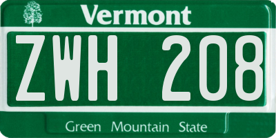 VT license plate ZWH208