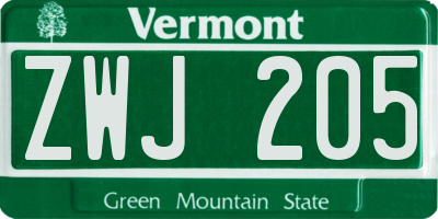 VT license plate ZWJ205