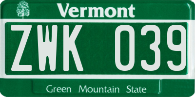 VT license plate ZWK039