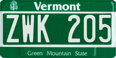 VT license plate ZWK205