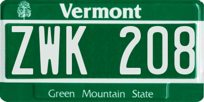 VT license plate ZWK208