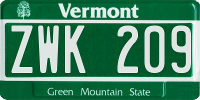 VT license plate ZWK209