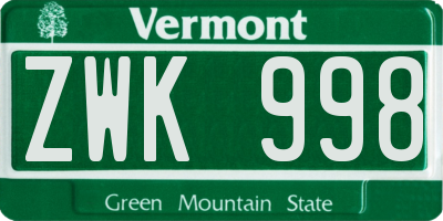 VT license plate ZWK998