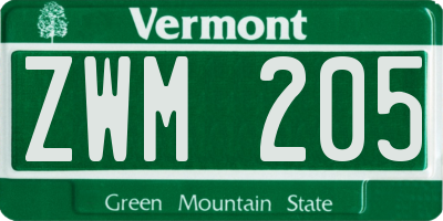 VT license plate ZWM205